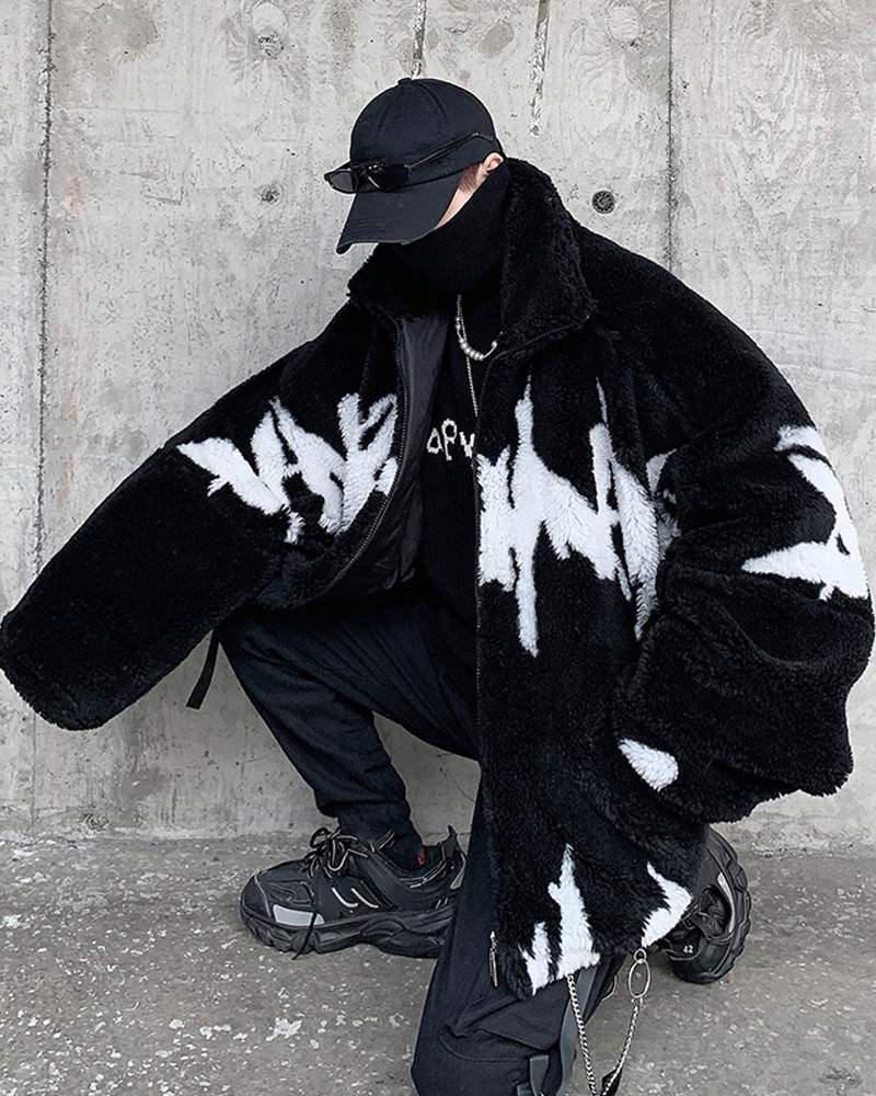 Y2K Grunge Black And White Fleece Jacket - Retro 90S Fashion, Y2K Outfits, Gothic Y2K Style