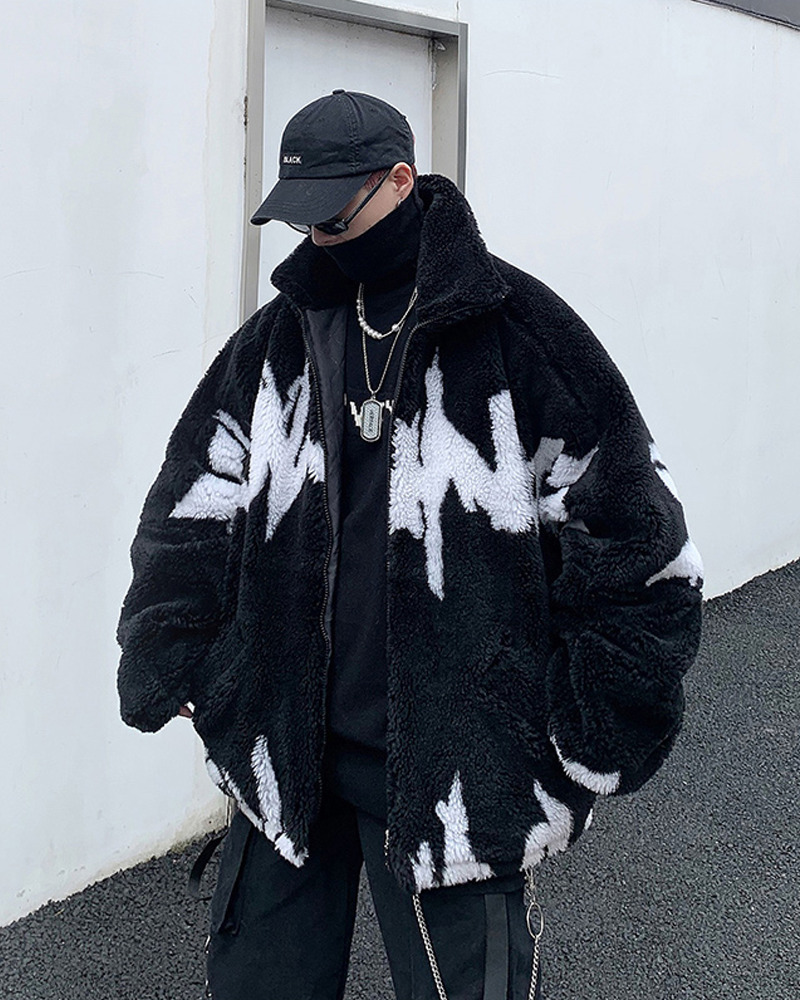 Y2K Grunge Black And White Fleece Jacket - Retro 90S Fashion, Y2K Outfits, Gothic Y2K Style