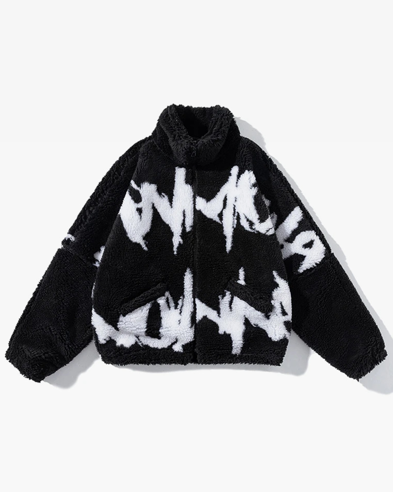 Y2K Grunge Black And White Fleece Jacket - Retro 90S Fashion, Y2K Outfits, Gothic Y2K Style