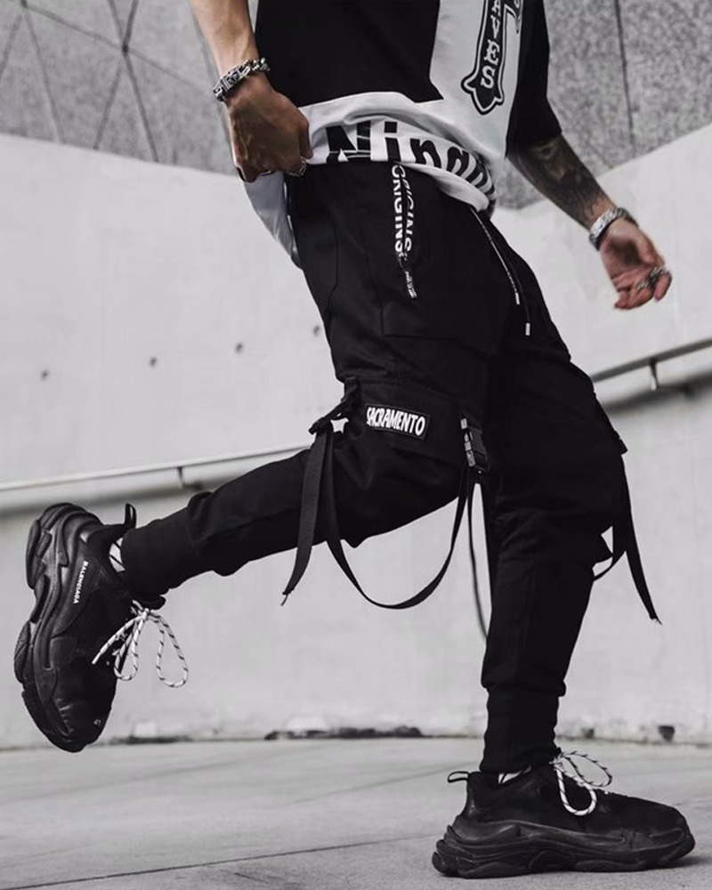 Y2K Grunge Black Cargo Pants With Straps - 90S Retro, Y2K Summer, Gothic Y2K Fashion