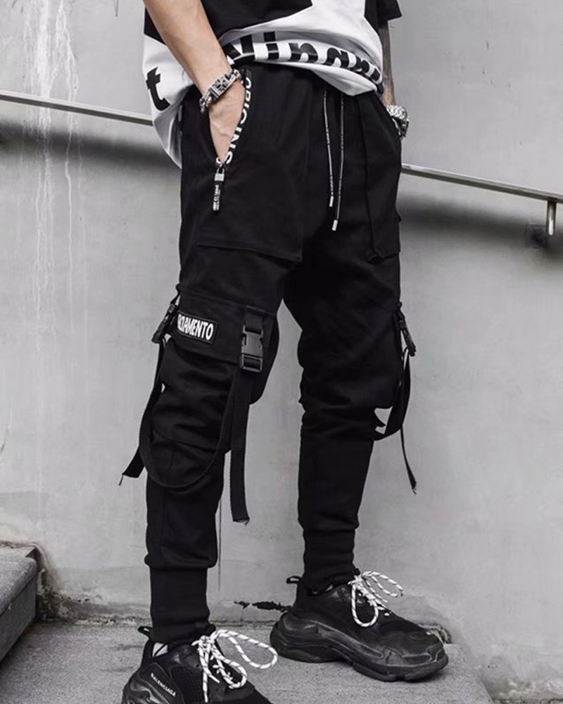 Y2K Grunge Black Cargo Pants With Straps - 90S Retro, Y2K Summer, Gothic Y2K Fashion