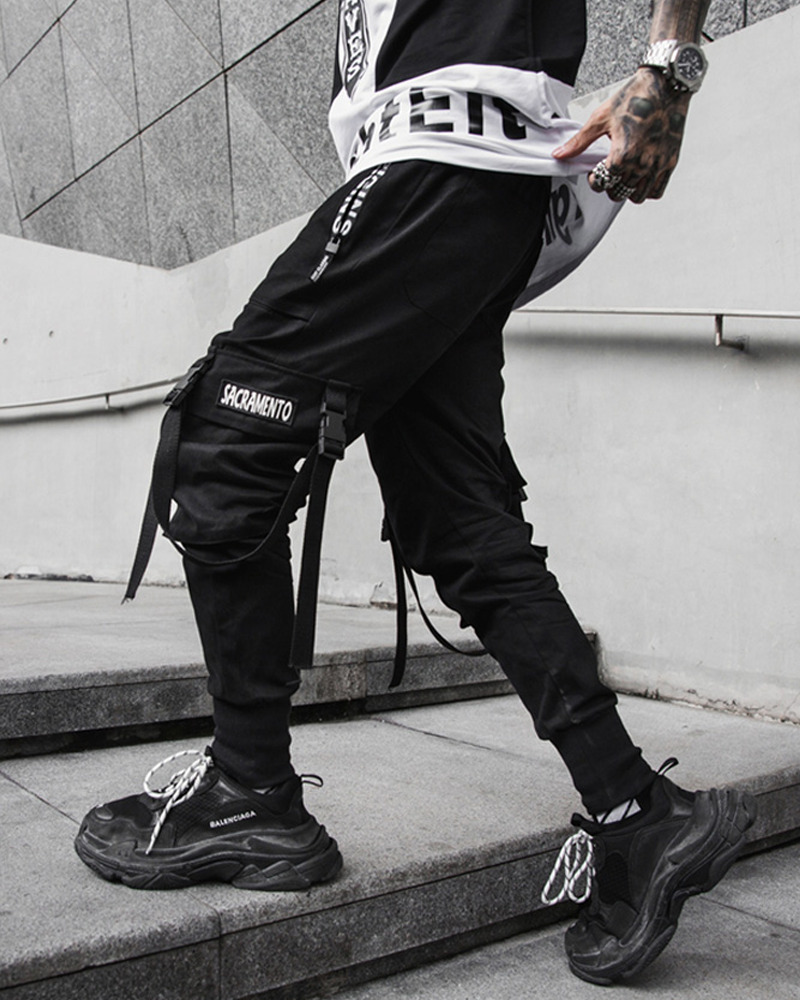 Y2K Grunge Black Cargo Pants With Straps - 90S Retro, Y2K Summer, Gothic Y2K Fashion
