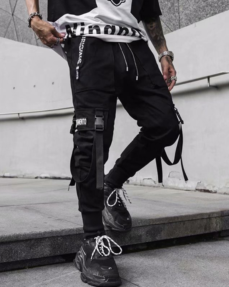 Y2K Grunge Black Cargo Pants With Straps - 90S Retro, Y2K Summer, Gothic Y2K Fashion