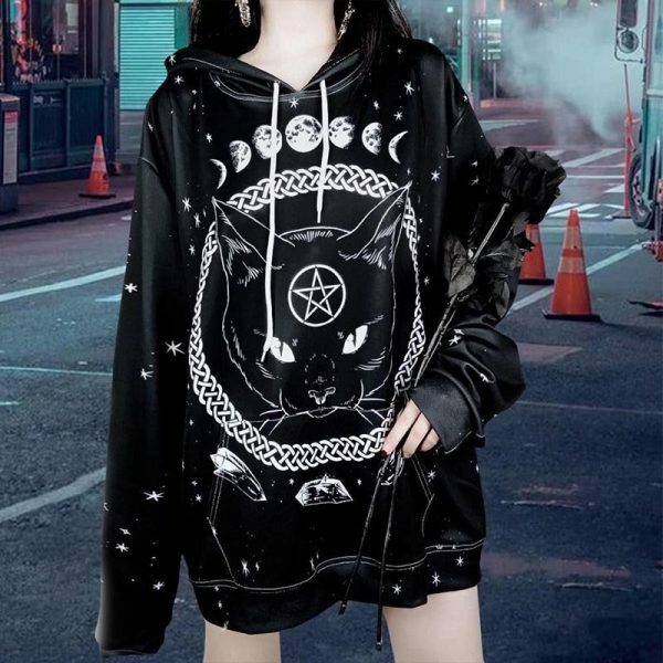Y2K Grunge Black Cat Hoodie - Retro 90S Fashion, Y2K Summer Outfits, Gothic Y2K Style