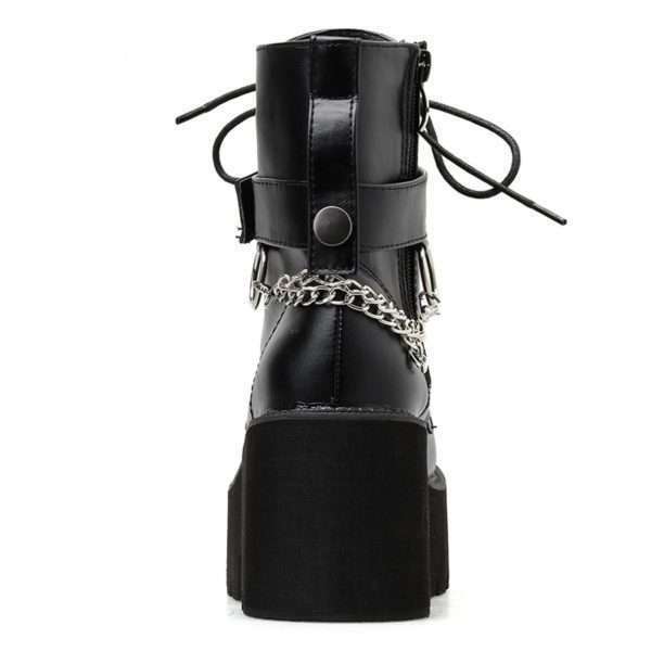 Y2K Grunge Black Leather Block Heel Boots With Chain - Retro 90S Fashion & Gothic Style