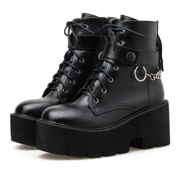 Y2K Grunge Black Leather Block Heel Boots With Chain - Retro 90S Fashion & Gothic Style