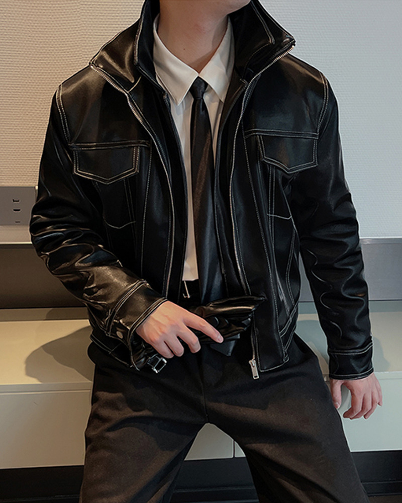 Y2K Grunge Black Leather Jacket With White Stitching - Retro 90S Fashion & Summer Outfits