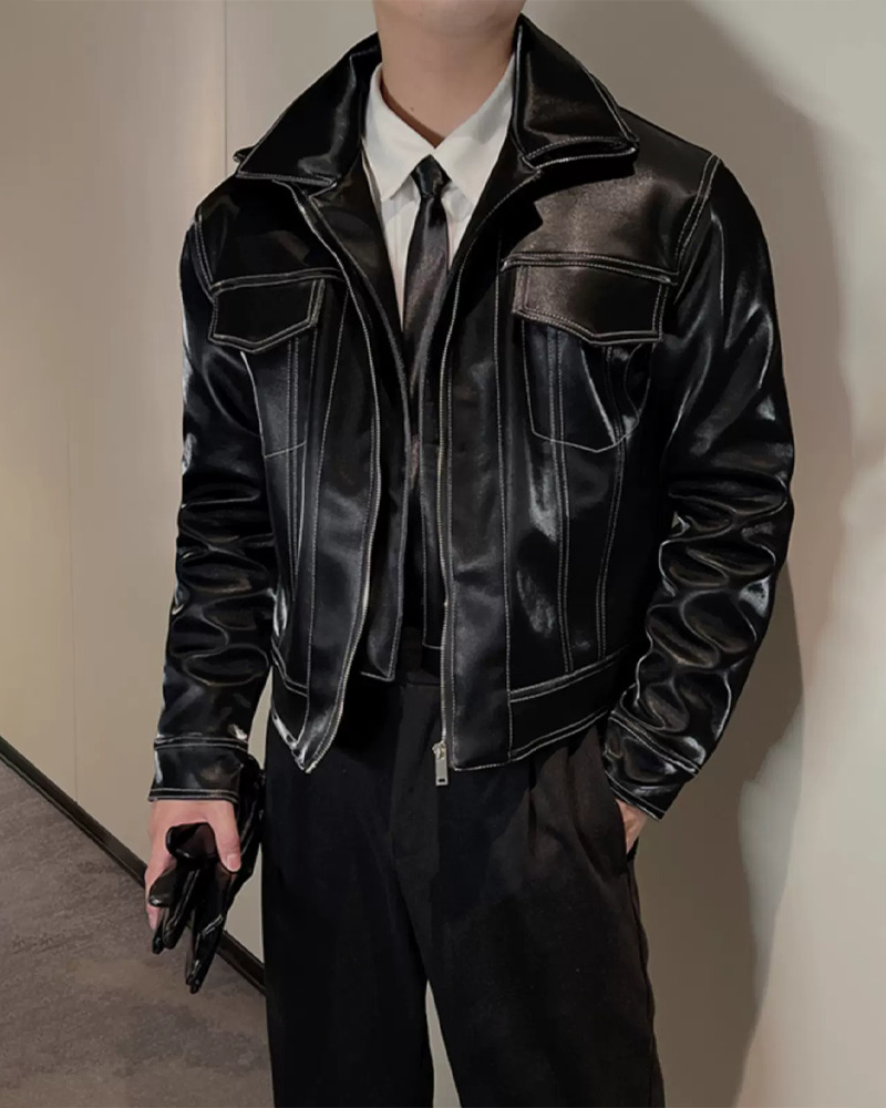 Y2K Grunge Black Leather Jacket With White Stitching - Retro 90S Fashion & Summer Outfits