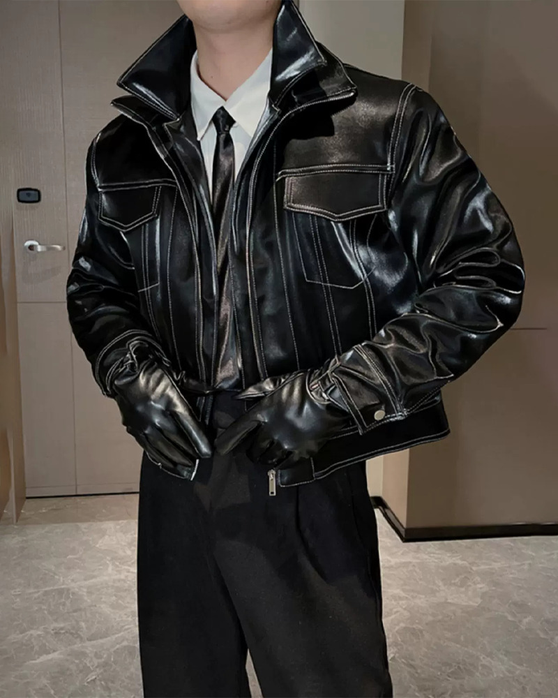 Y2K Grunge Black Leather Jacket With White Stitching - Retro 90S Fashion & Summer Outfits
