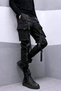 Y2K Grunge Black Pants With Straps - 90S Retro Summer Outfit, Gothic Y2K Fashion