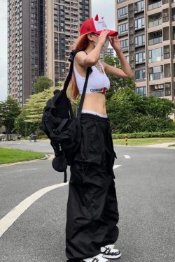Y2K Grunge Black Parachute Pants - Retro 90S Fashion, Summer Outfits, Club & Party Wear