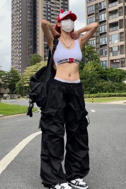 Y2K Grunge Black Parachute Pants - Retro 90S Fashion, Summer Outfits, Club & Party Wear
