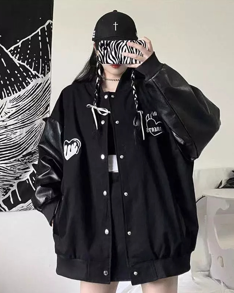Y2K Grunge Black Varsity Jacket - Retro 90S Fashion, Summer Outfits, And Club Party Style