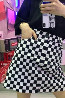 Y2K Grunge Black White Checkered Grid Front Zipper Skirt - 90S Fashion, Retro Style, Y2K Outfit