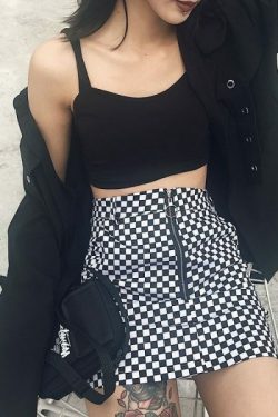 Y2K Grunge Black White Checkered Grid Front Zipper Skirt - 90S Fashion, Retro Style, Y2K Outfit