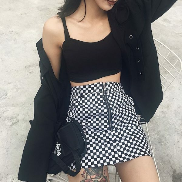 Y2K Grunge Black White Checkered Grid Front Zipper Skirt - 90S Fashion, Retro Style, Y2K Outfit