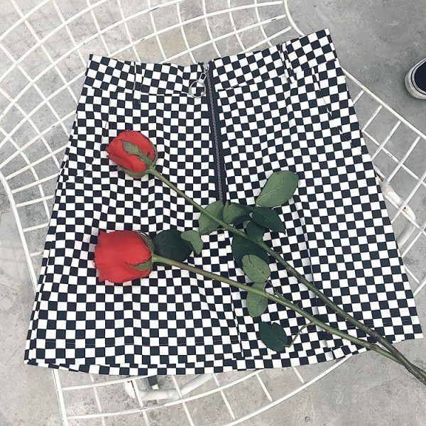 Y2K Grunge Black White Checkered Grid Front Zipper Skirt - 90S Fashion, Retro Style, Y2K Outfit