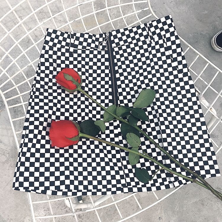 Y2K Grunge Black White Checkered Grid Front Zipper Skirt - 90S Fashion, Retro Style, Y2K Outfit