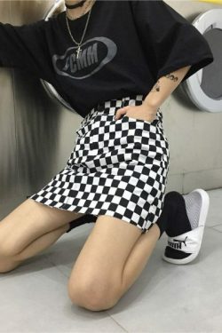 Y2K Grunge Black White Checkered Grid Front Zipper Skirt - 90S Fashion, Retro Style, Y2K Outfit