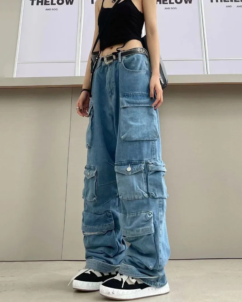 Y2K Grunge Blue Cargo Jeans - Retro 90S Fashion, Summer Y2K Outfits, Hip Hop Style