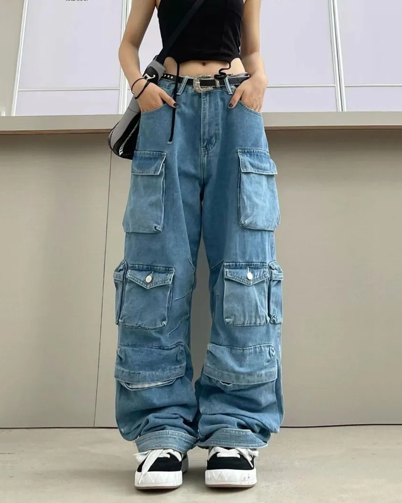 Y2K Grunge Blue Cargo Jeans - Retro 90S Fashion, Summer Y2K Outfits, Hip Hop Style