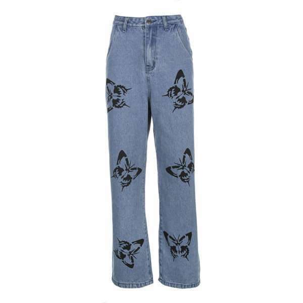 Y2K Grunge Butterfly Pattern Jeans - 90S Fashion, Retro Style, Y2K Summer Outfits