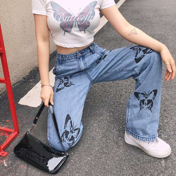 Y2K Grunge Butterfly Pattern Jeans - 90S Fashion, Retro Style, Y2K Summer Outfits
