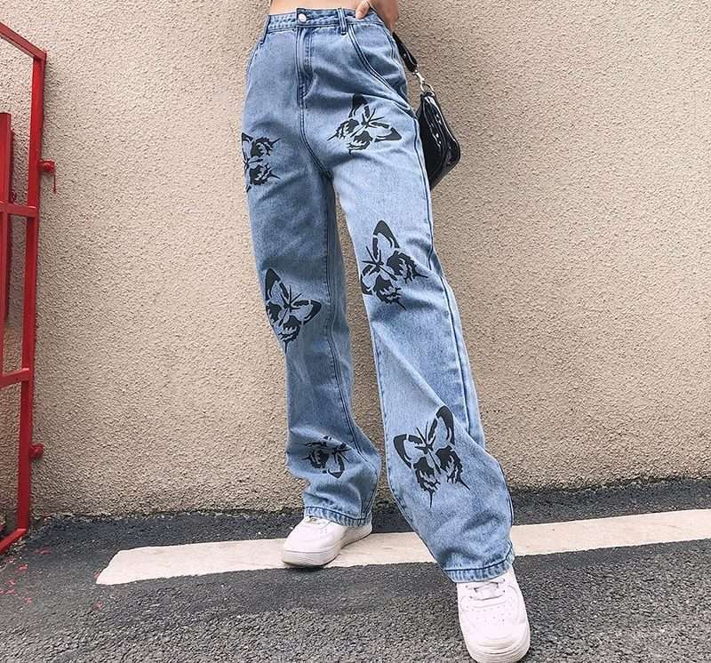 Y2K Grunge Butterfly Pattern Jeans - 90S Fashion, Retro Style, Y2K Summer Outfits