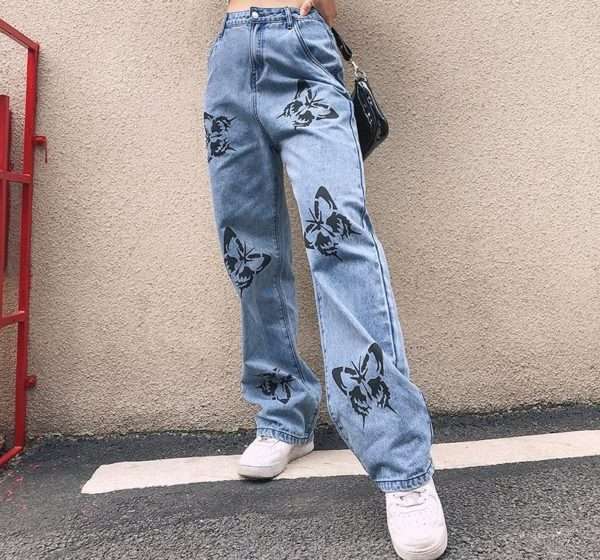 Y2K Grunge Butterfly Pattern Jeans - 90S Fashion, Retro Style, Y2K Summer Outfits