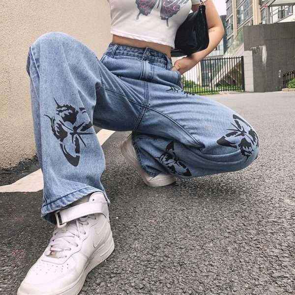 Y2K Grunge Butterfly Pattern Jeans - 90S Fashion, Retro Style, Y2K Summer Outfits