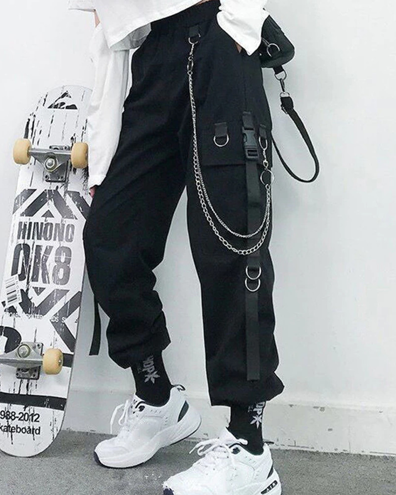 Y2K Grunge Cargo Pants With Chain - 90S Retro Summer Outfit, Y2K Fashion, Gothic Y2K Style