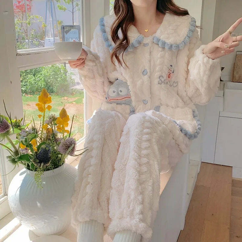 Y2K Grunge Cartoon Fleece Pajamas Set - Cute Princess Style Plush Winter Loungewear