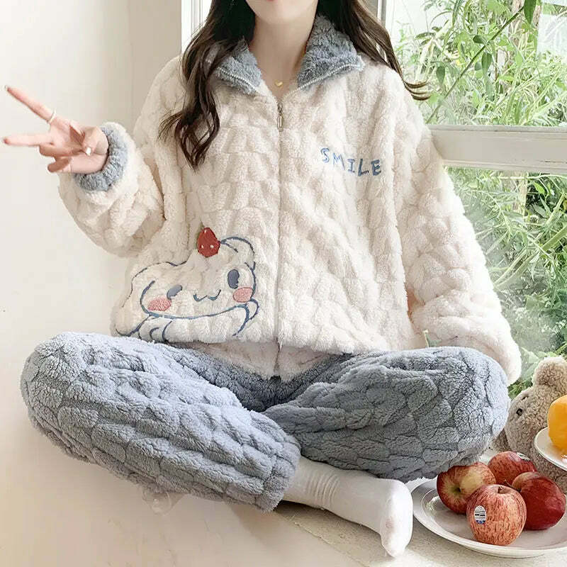 Y2K Grunge Cartoon Fleece Pajamas Set - Cute Princess Style Plush Winter Loungewear