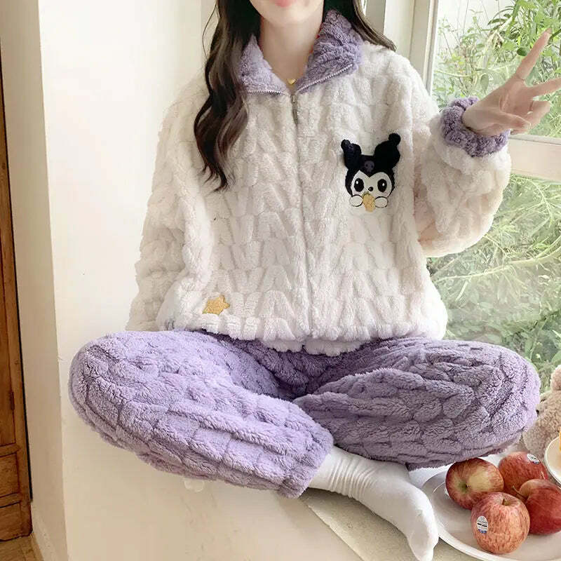 Y2K Grunge Cartoon Fleece Pajamas Set - Cute Princess Style Plush Winter Loungewear
