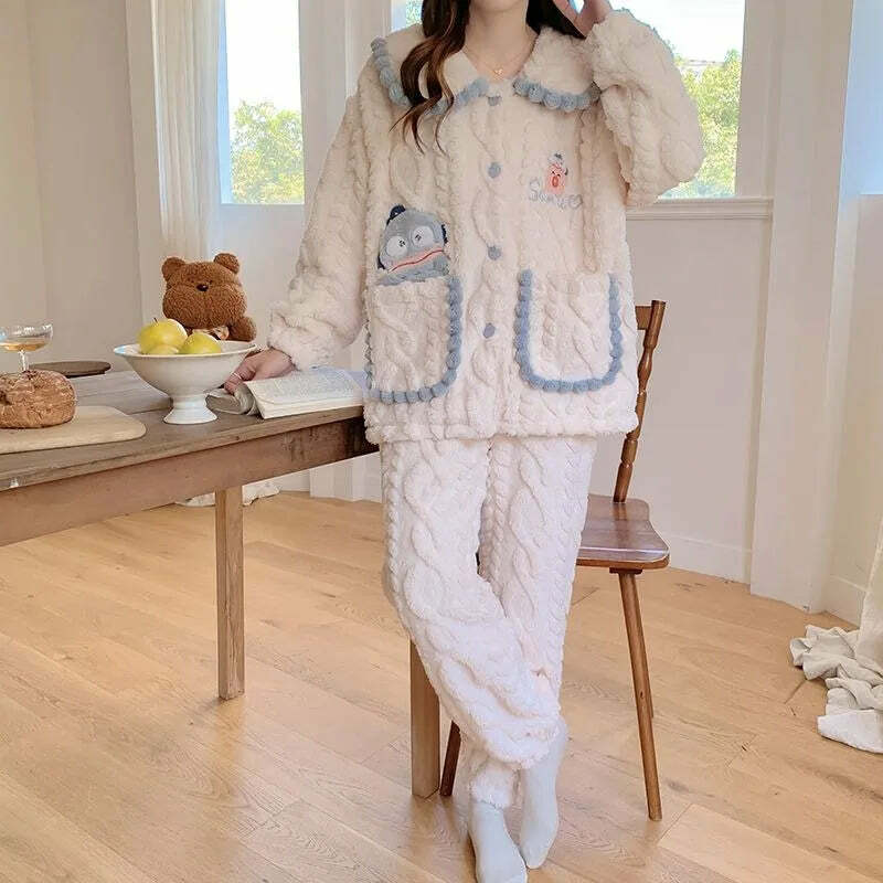 Y2K Grunge Cartoon Fleece Pajamas Set - Cute Princess Style Plush Winter Loungewear