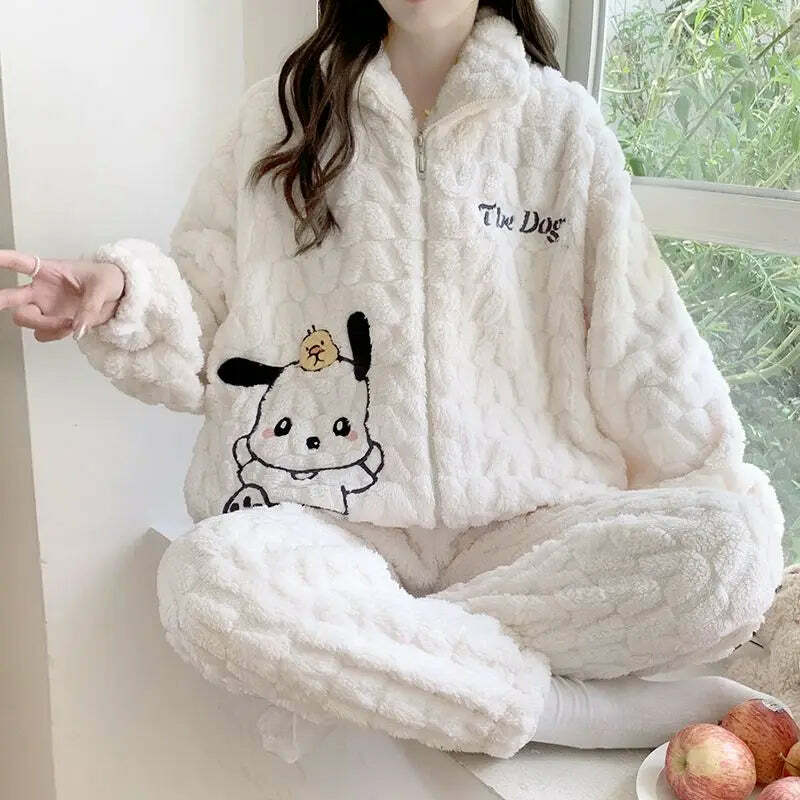 Y2K Grunge Cartoon Fleece Pajamas Set - Cute Princess Style Plush Winter Loungewear