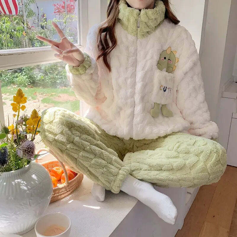 Y2K Grunge Cartoon Fleece Pajamas Set - Cute Princess Style Plush Winter Loungewear
