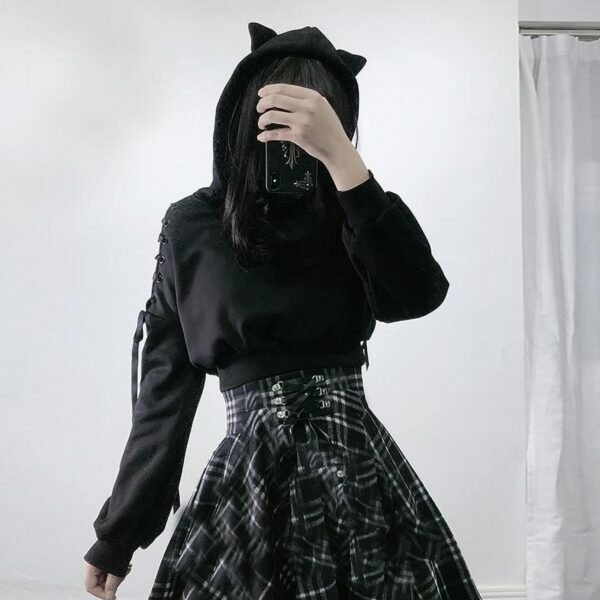 Y2K Grunge Cat Ear Hoodie - Retro 90S Fashion, Gothic Y2K, Summer Y2K Outfits