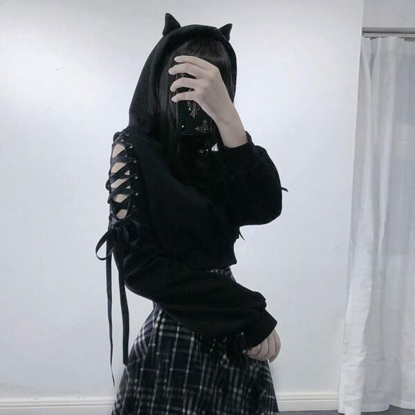 Y2K Grunge Cat Ear Hoodie - Retro 90S Fashion, Gothic Y2K, Summer Y2K Outfits