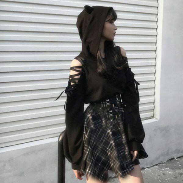 Y2K Grunge Cat Ear Hoodie - Retro 90S Fashion, Gothic Y2K, Summer Y2K Outfits