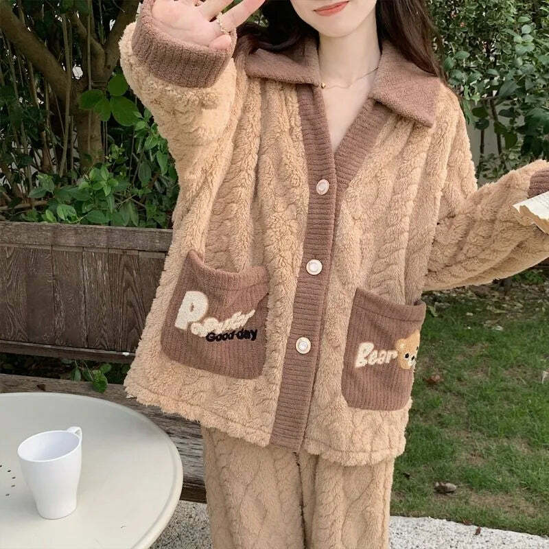 Y2K Grunge Coral Fleece Pajamas - Retro 90S Winter Loungewear Set For Women - Sweet Home Wear