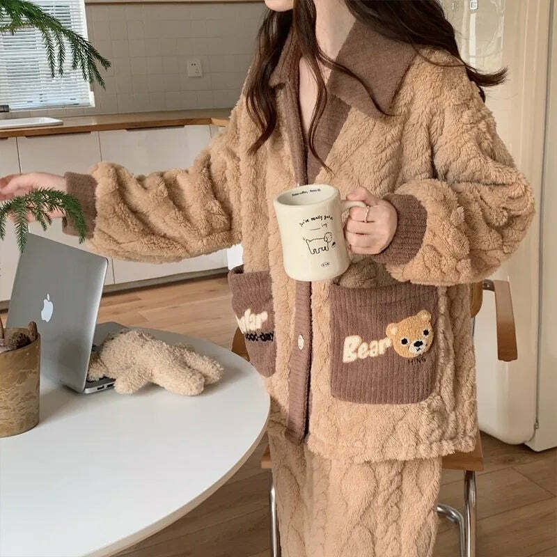 Y2K Grunge Coral Fleece Pajamas - Retro 90S Winter Loungewear Set For Women - Sweet Home Wear