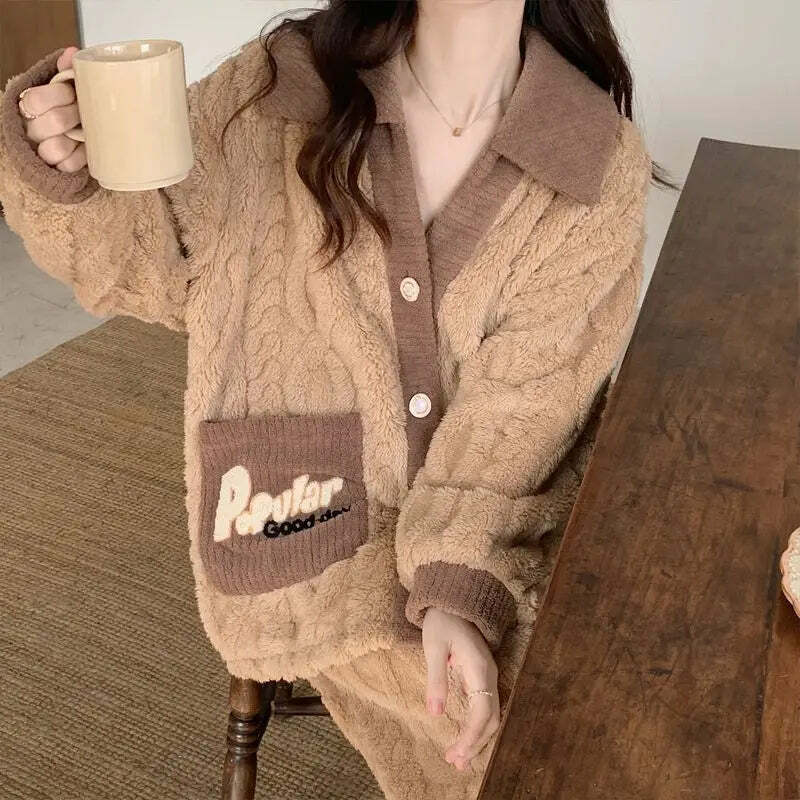 Y2K Grunge Coral Fleece Pajamas - Retro 90S Winter Loungewear Set For Women - Sweet Home Wear