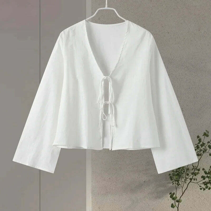 Y2K Grunge Cotton Linen Lace-Up Bow Hollow Out V-Neck Long Sleeve Top - Retro 90S Streetwear