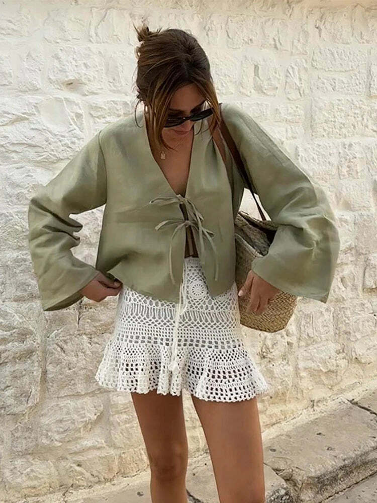Y2K Grunge Cotton Linen Lace-Up Bow Hollow Out V-Neck Long Sleeve Top - Retro 90S Streetwear