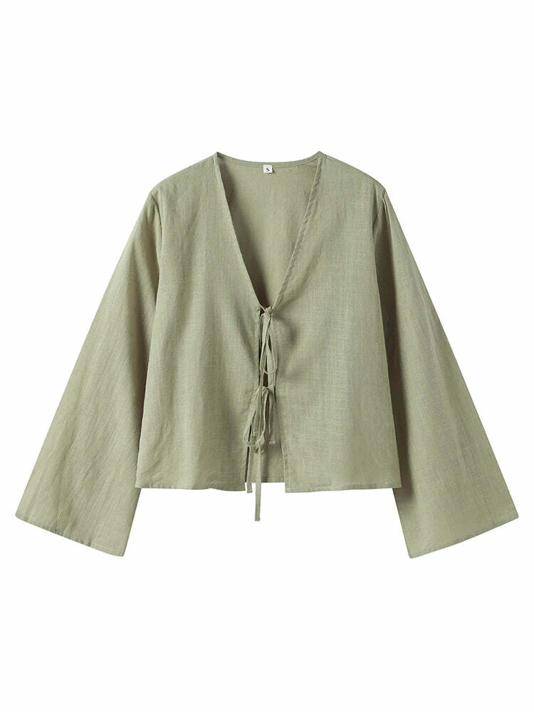 Y2K Grunge Cotton Linen Lace-Up Bow Hollow Out V-Neck Long Sleeve Top - Retro 90S Streetwear