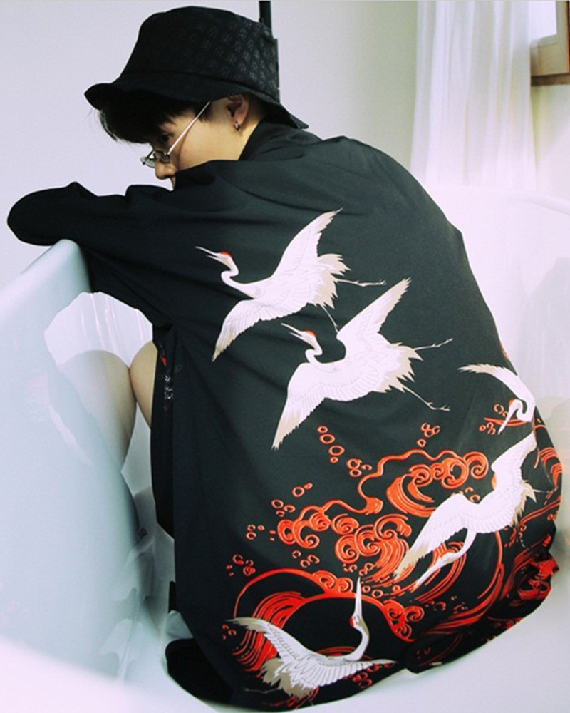 Y2K Grunge Crane Kimono Jacket - Retro 90S Summer Outfit, Pastel Goth, Y2K Fashion Staple