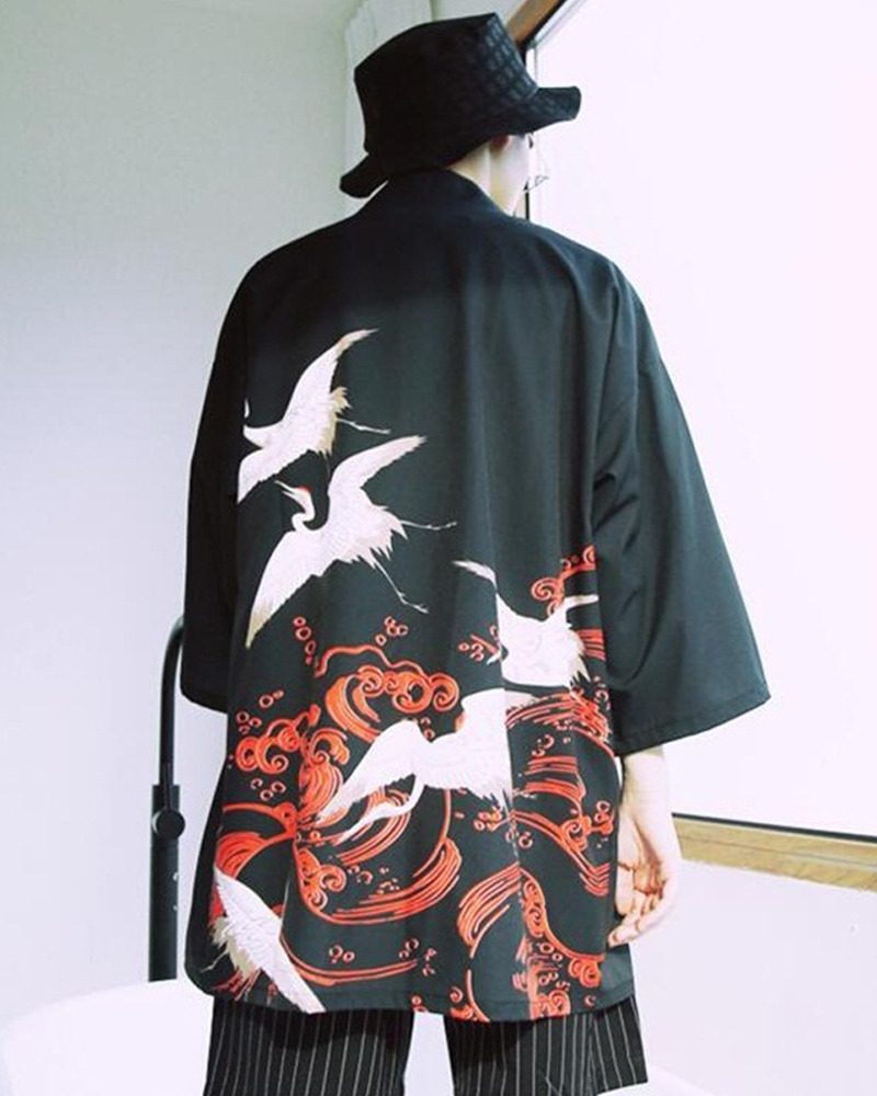 Y2K Grunge Crane Kimono Jacket - Retro 90S Summer Outfit, Pastel Goth, Y2K Fashion Staple