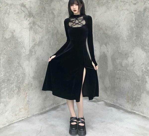 Y2K Grunge Dark Velvet Dress - Retro 90S Fashion, Summer Party, Club & Popstar Outfits