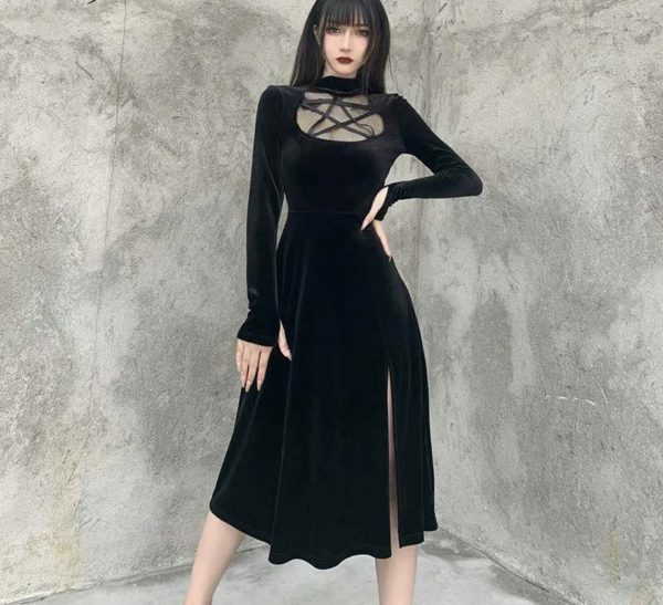 Y2K Grunge Dark Velvet Dress - Retro 90S Fashion, Summer Party, Club & Popstar Outfits